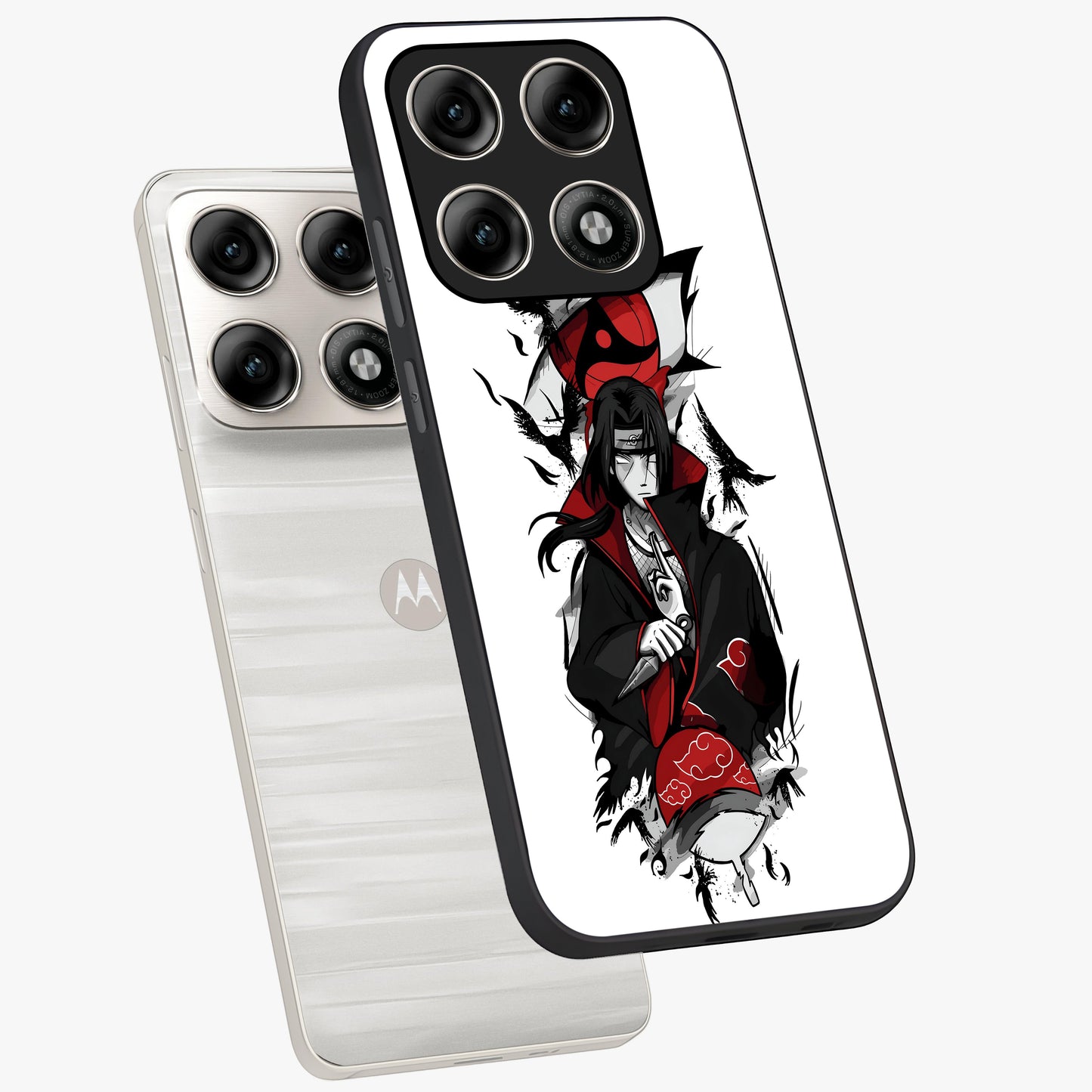 Itachi Limited Edition Naruto Anime Glass Case displayed in angled mockup highlighting dramatic anime illustration with bold action aesthetic.