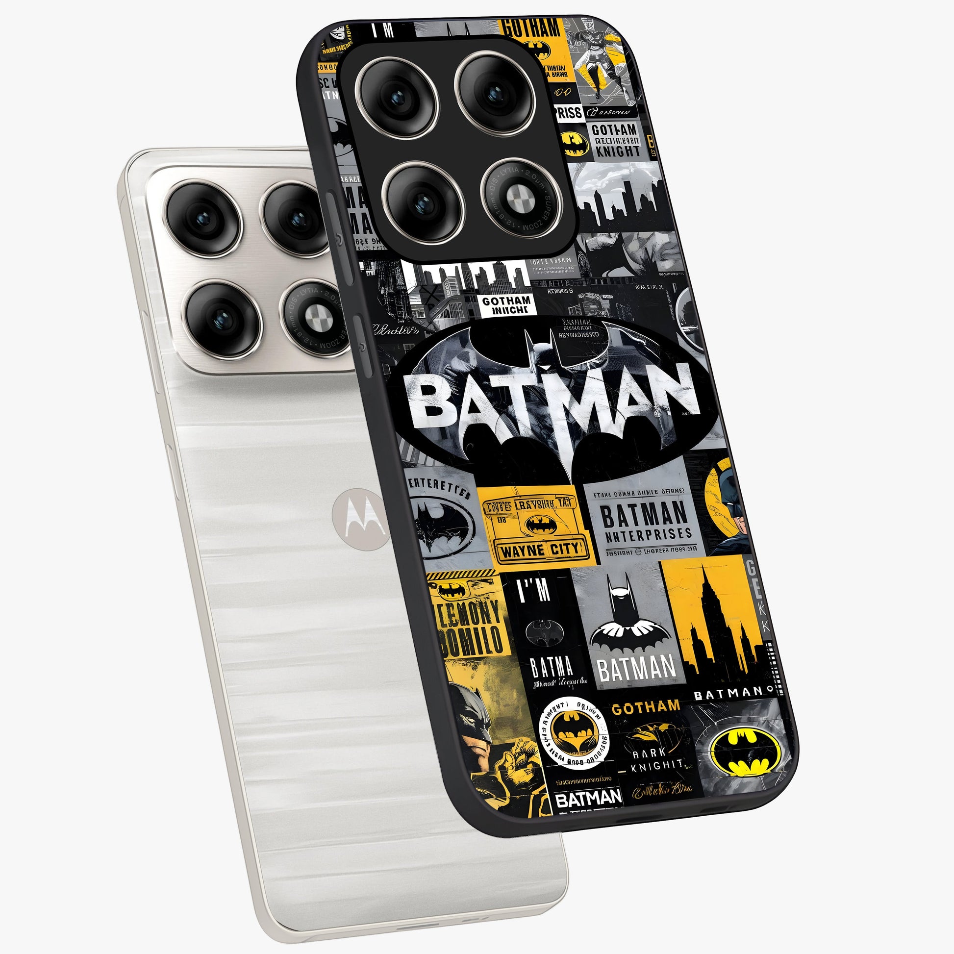 Knight Gotham Rise Glass Case displayed in angled mockup highlighting powerful knight silhouette design with dramatic aesthetic.