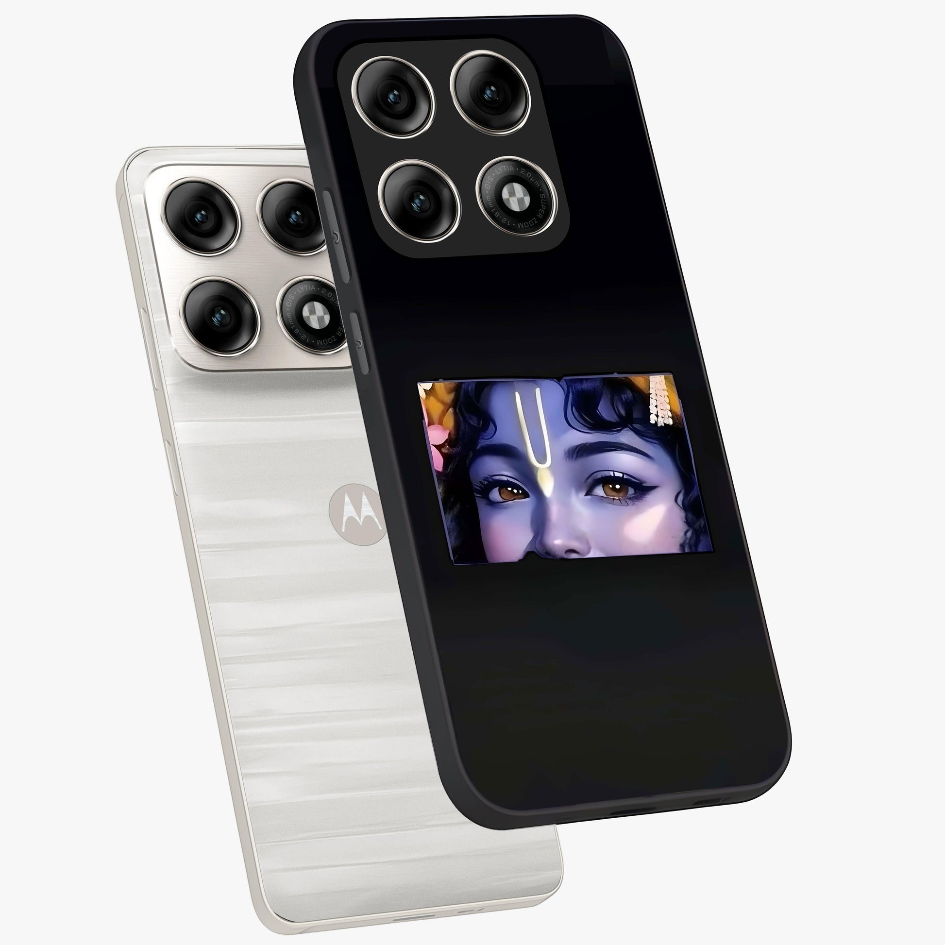 Krishna Divine Embrace Glass Case displayed in angled mockup highlighting divine Krishna illustration with spiritual aesthetic.
