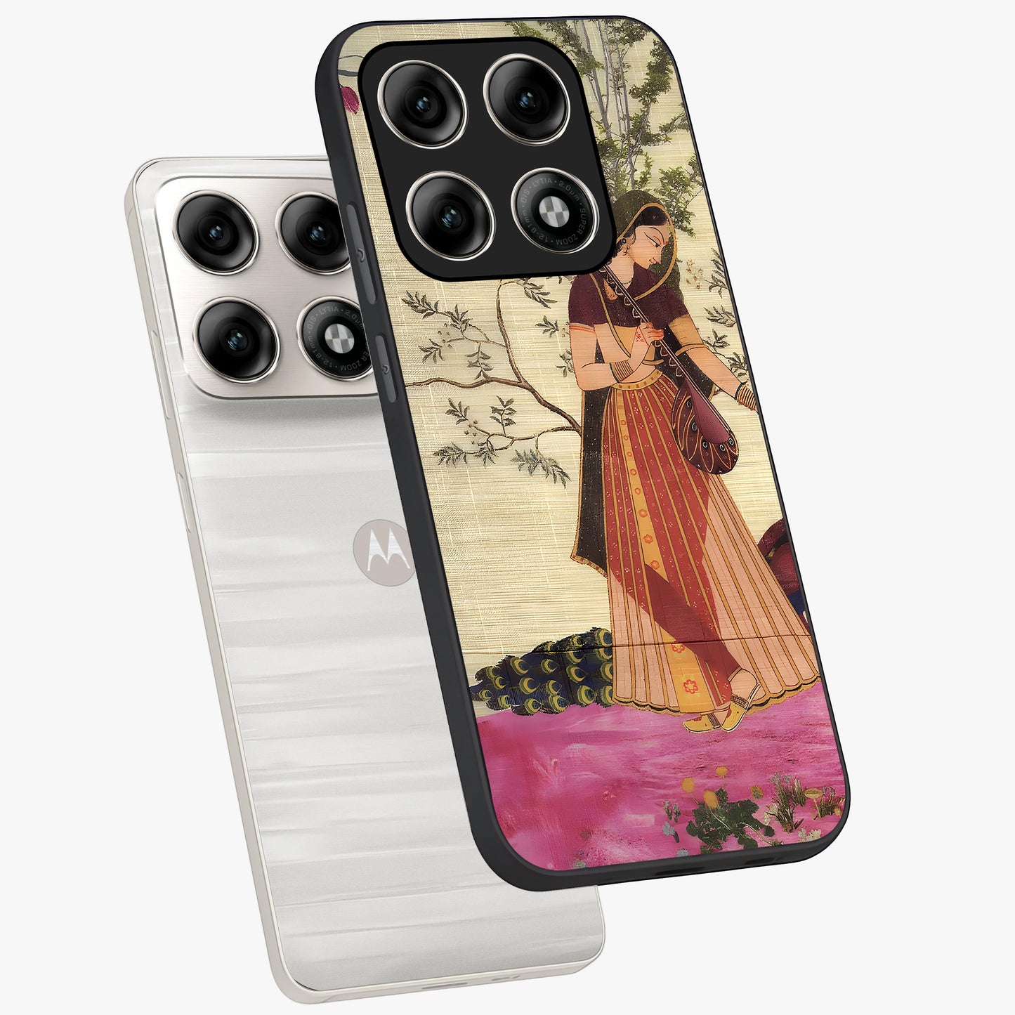 Lady With Veena Art Glass Case displayed in angled mockup highlighting graceful musical illustration with cultural artistic aesthetic.