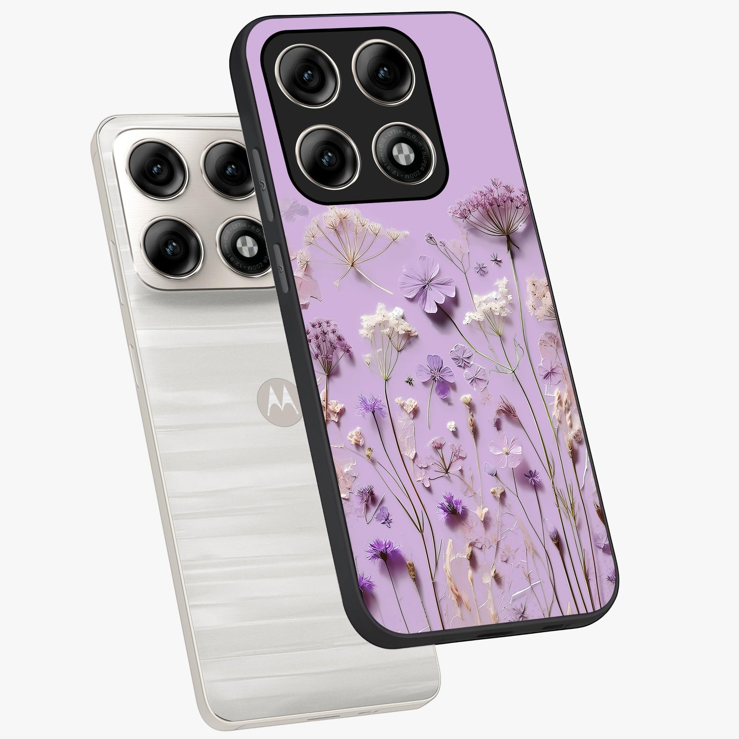 Lavender Blossom Dream Glass Case displayed in angled mockup highlighting dreamy lavender flower design with calming aesthetic style.