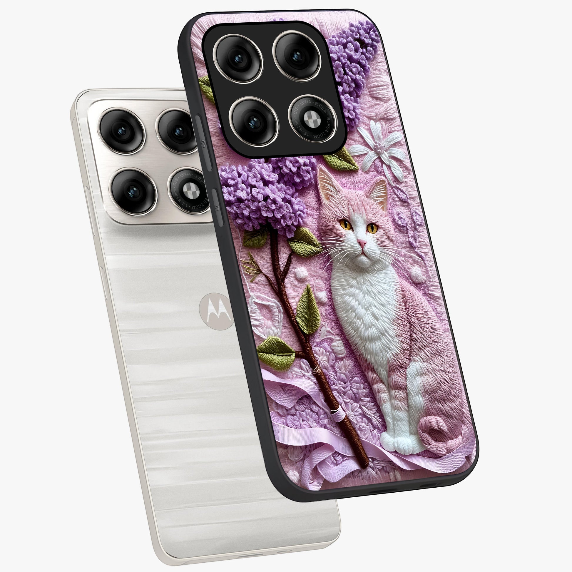 Lavender Cat Whimsy Glass Case displayed in angled mockup highlighting playful feline illustration with pastel lavender aesthetic.