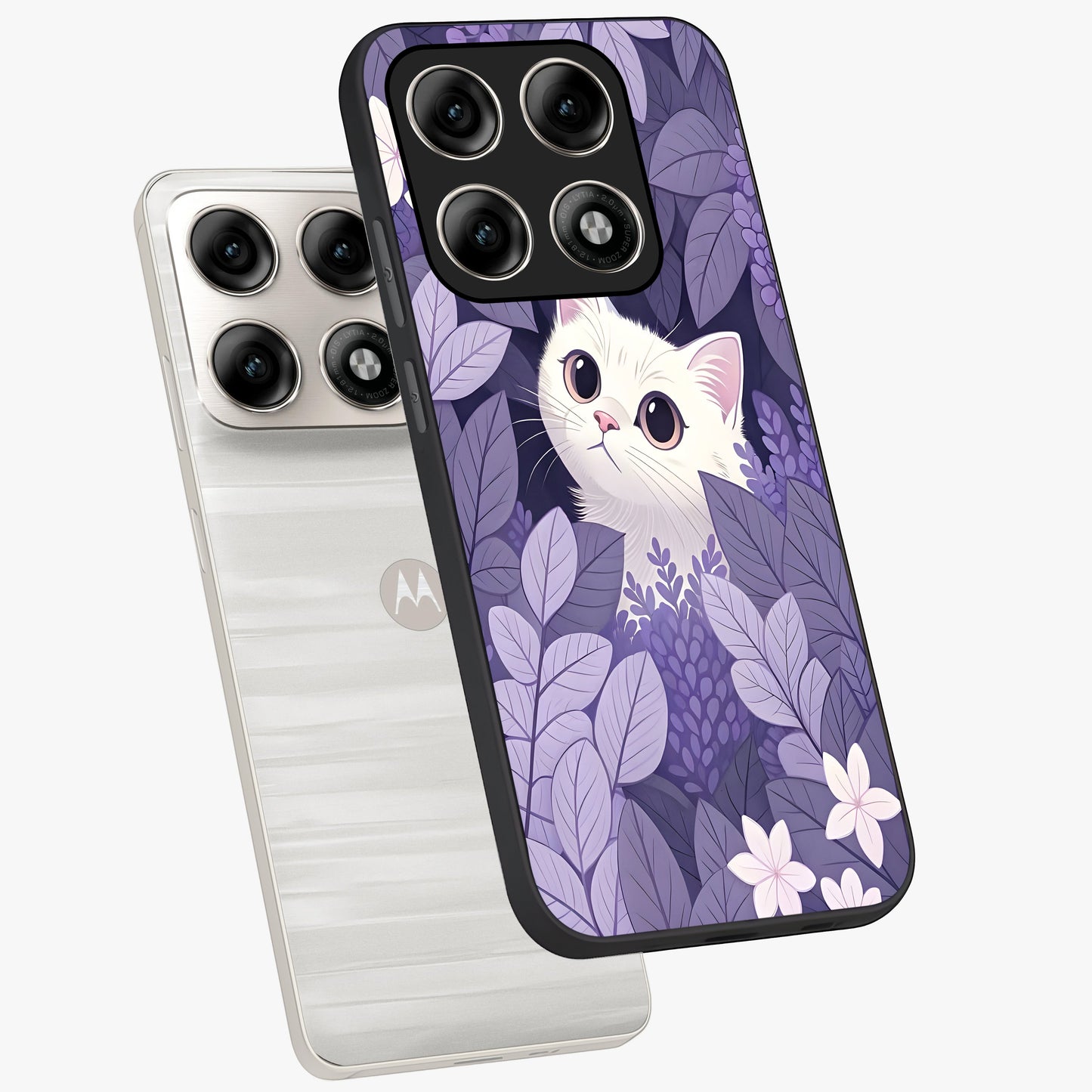 Lilac Hide Peek Cat Glass Case displayed in angled mockup highlighting playful feline illustration with lilac aesthetic design.