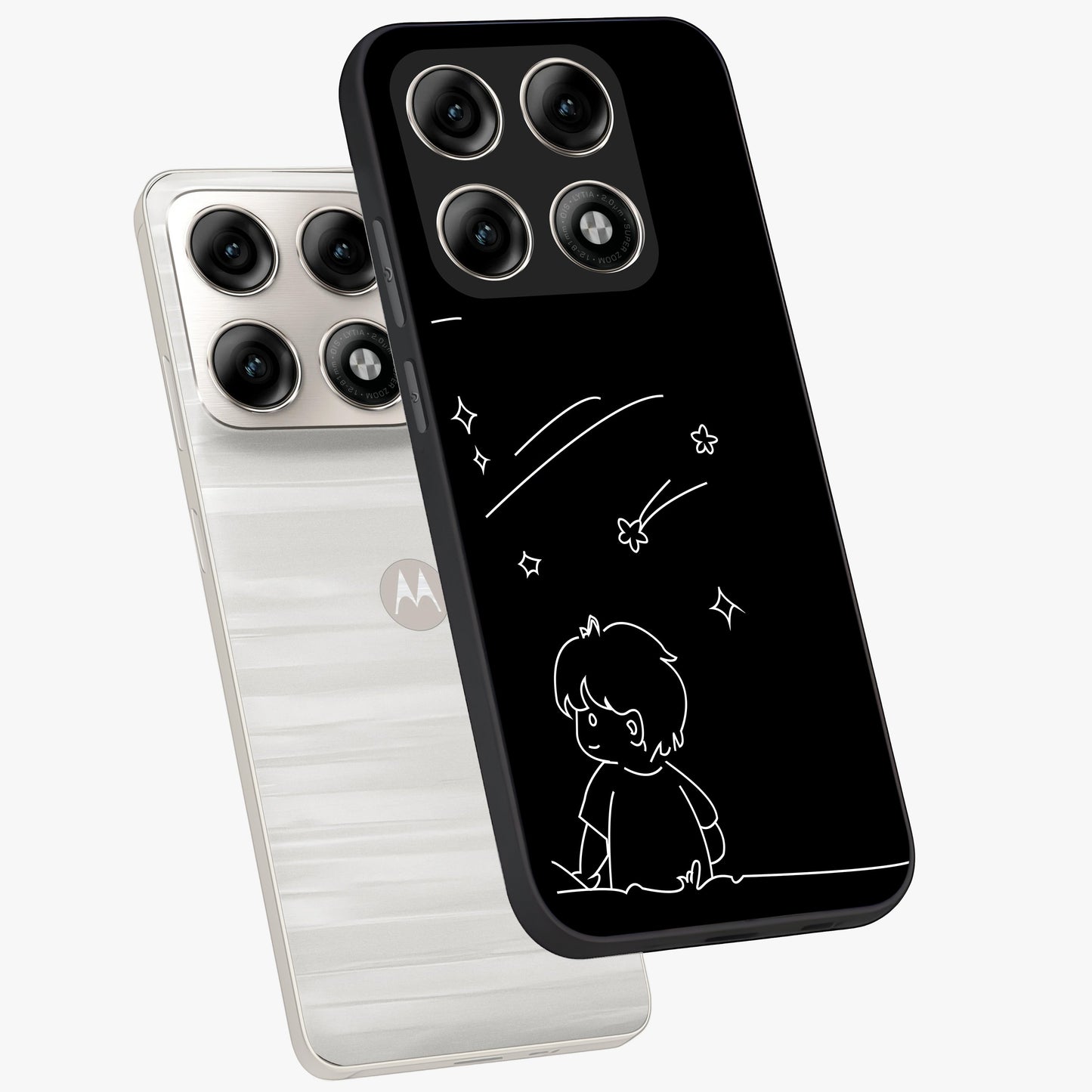 Line Art Boy With Shooting Stars Glass Case displayed in angled mockup highlighting elegant line art design with dreamy star aesthetic.