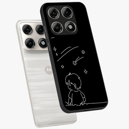 Line Art Boy With Shooting Stars Glass Case displayed in angled mockup highlighting elegant line art design with dreamy star aesthetic.