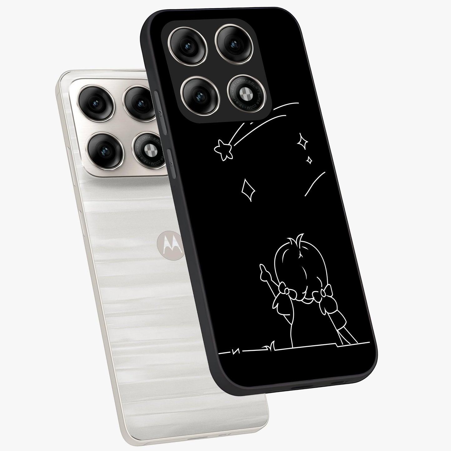 Line Art Girl With Shooting Stars Glass Case displayed in angled mockup highlighting elegant line art design with dreamy star aesthetic.