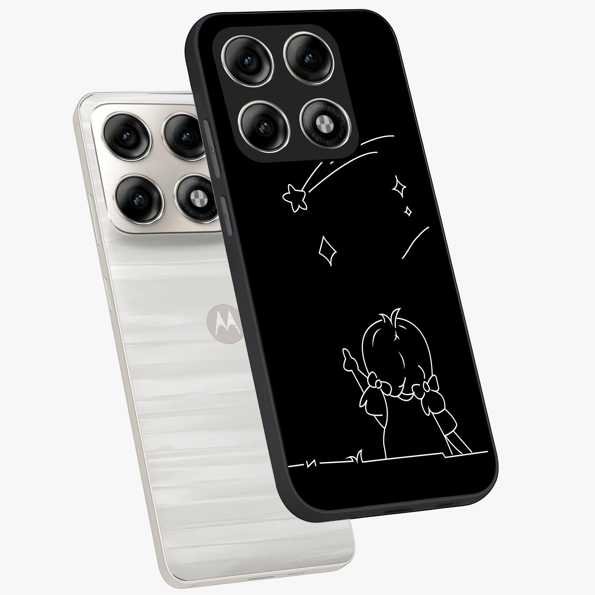 Line Art Girl With Shooting Stars Glass Case displayed in angled mockup highlighting elegant line art design with dreamy star aesthetic.