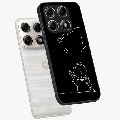 Line Art Girl With Shooting Stars Glass Case displayed in angled mockup highlighting elegant line art design with dreamy star aesthetic.
