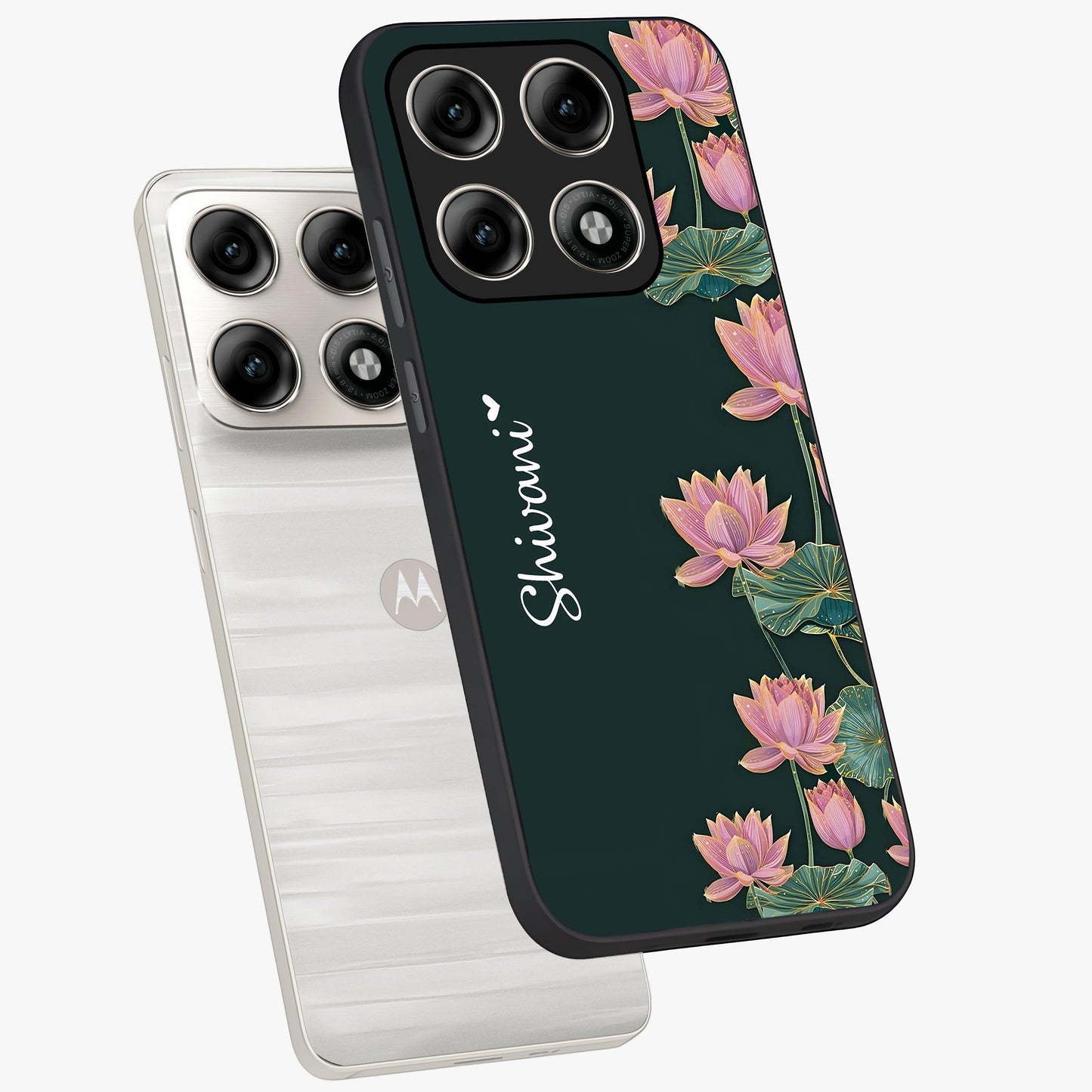 Lotus Bloom Serenity Custom Name Glass Case displayed in angled mockup highlighting graceful lotus illustration with custom name feature.