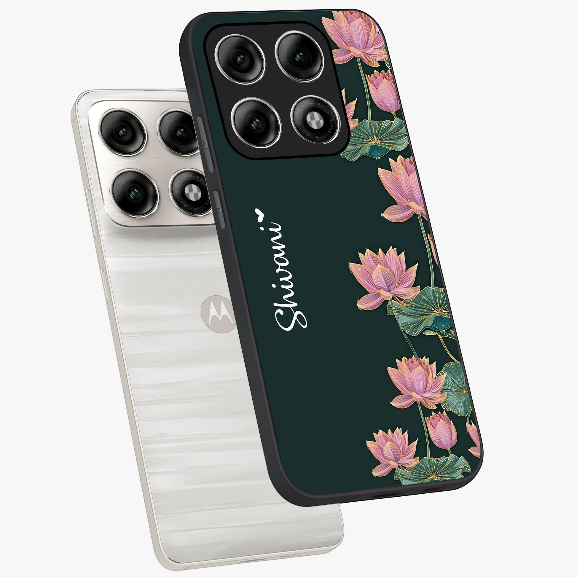 Lotus Bloom Serenity Custom Name Glass Case displayed in angled mockup highlighting graceful lotus illustration with custom name feature.