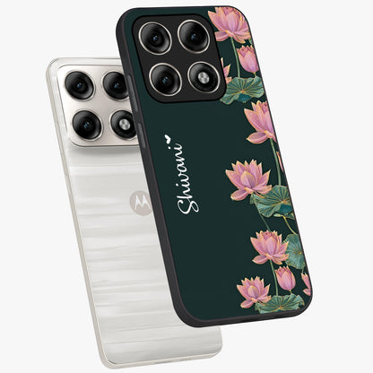 Lotus Bloom Serenity Custom Name Glass Case displayed in angled mockup highlighting graceful lotus illustration with custom name feature.