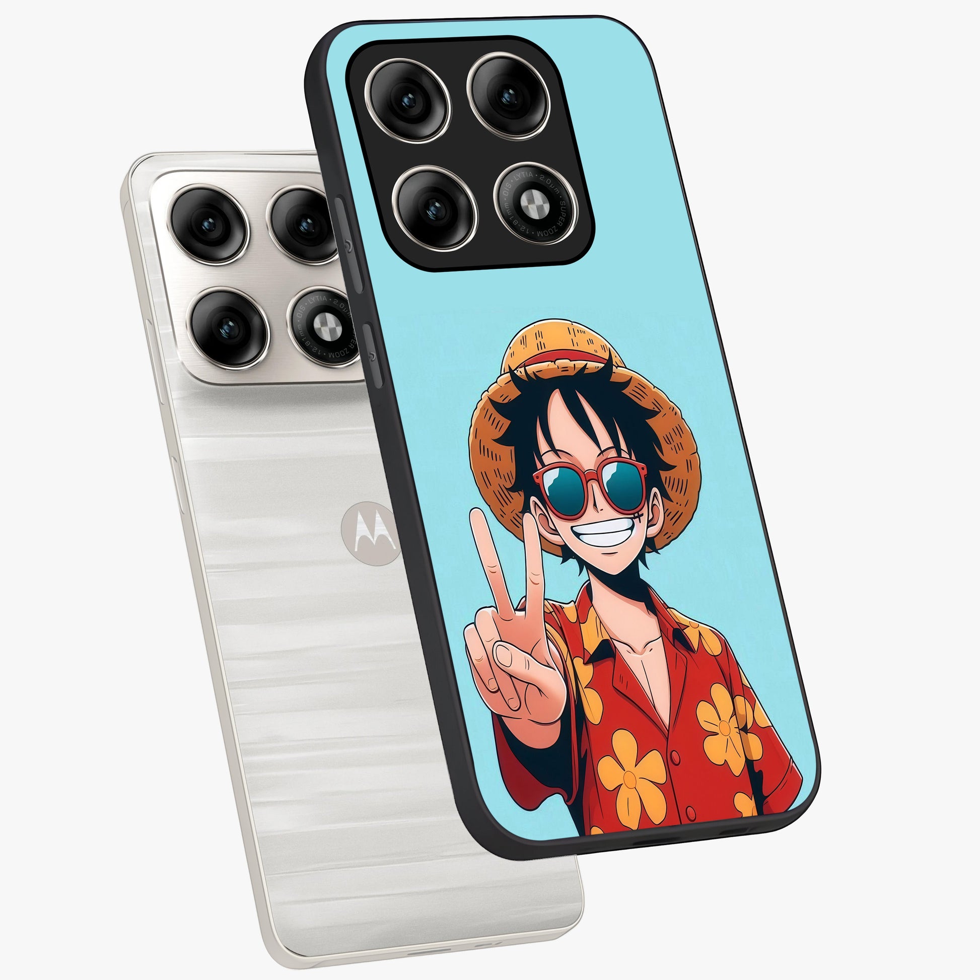 Luffy Summer Anime Vibe Glass Case displayed in angled mockup highlighting energetic anime illustration with summer vibe aesthetic.