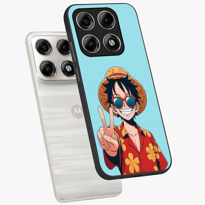 Luffy Summer Anime Vibe Glass Case displayed in angled mockup highlighting energetic anime illustration with summer vibe aesthetic.