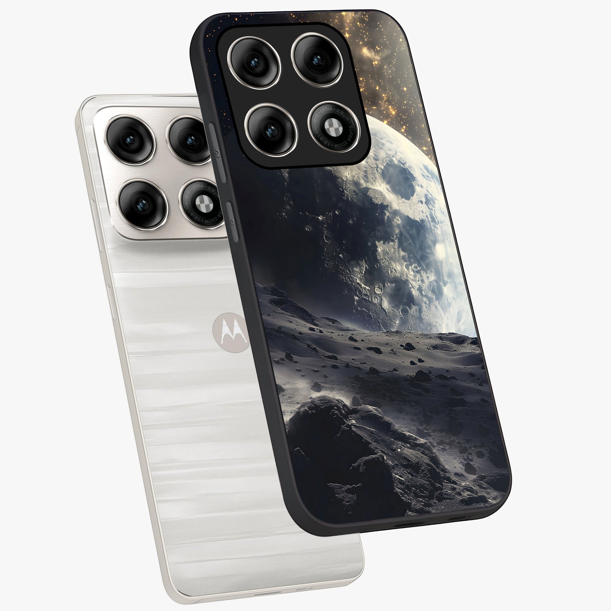 Lunar Horizon Glow Glass Case displayed in angled mockup highlighting celestial moon design with dreamy night aesthetic.