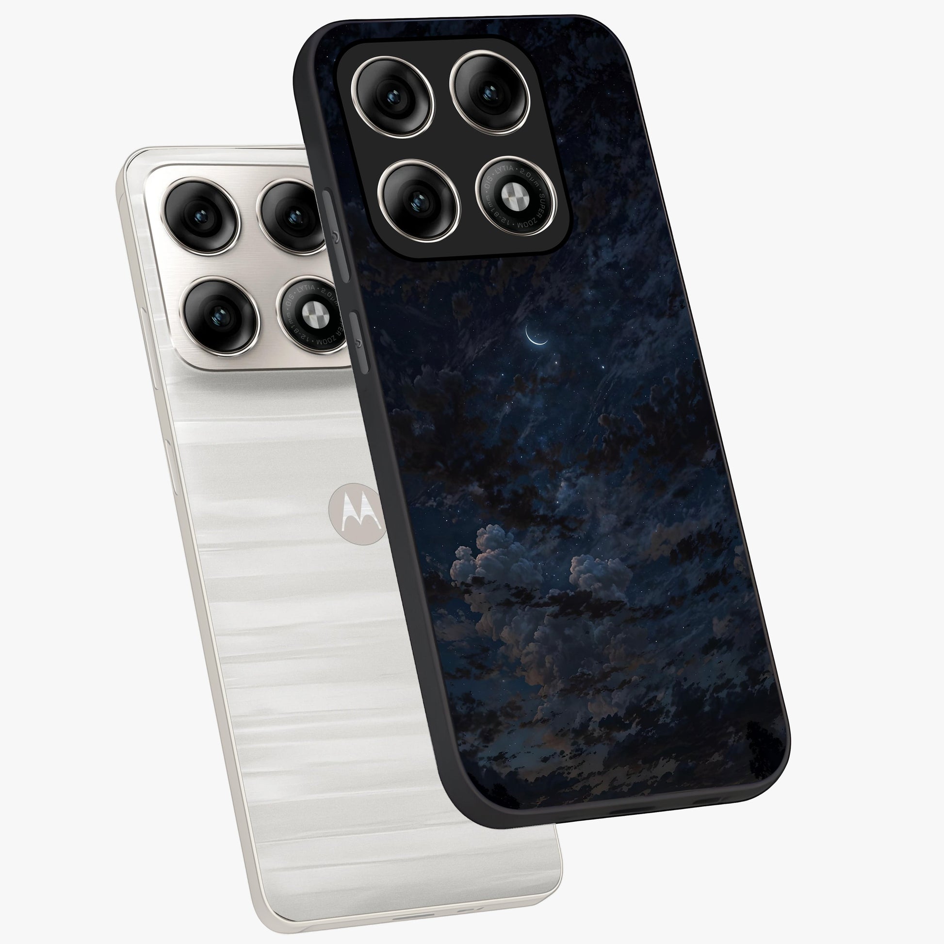 Lunar Veil Silence Glass Case displayed in angled mockup highlighting soft lunar design with peaceful celestial aesthetic.
