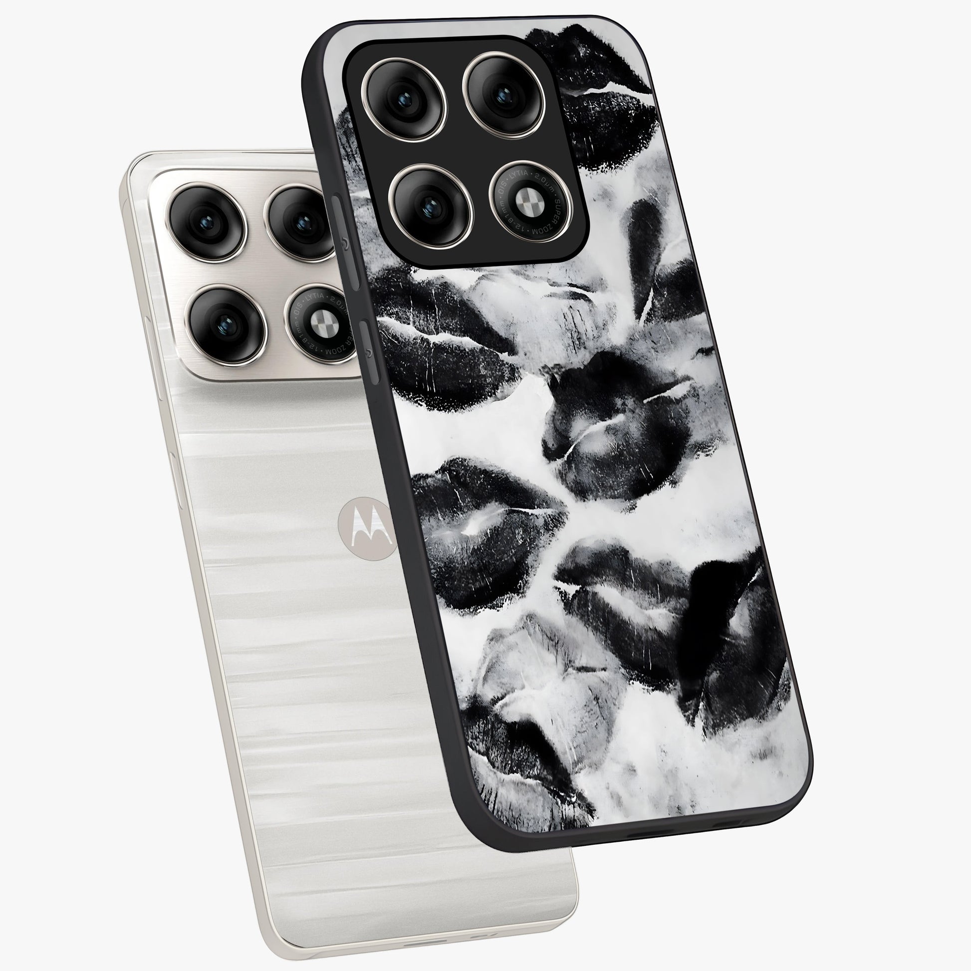 Midnight Kiss Marks Glass Case displayed in angled mockup highlighting playful romantic design with bold midnight aesthetic.