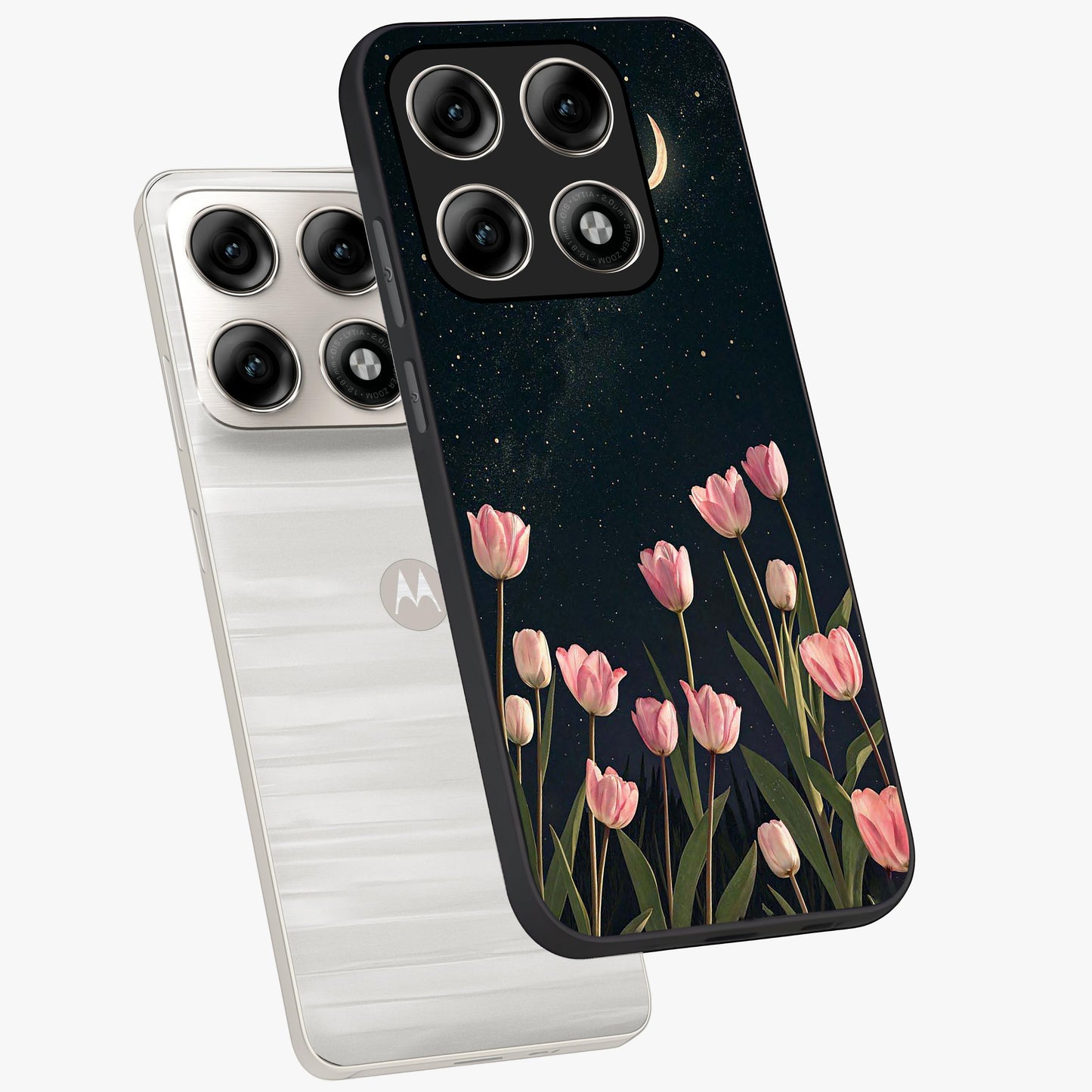 Midnight Tulip Whispers Vibe Glass Case displayed in angled mockup highlighting delicate tulip design with midnight floral aesthetic.