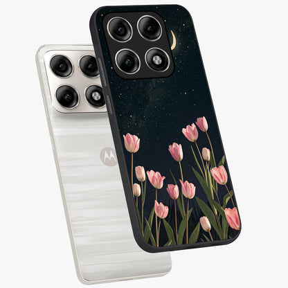 Midnight Tulip Whispers Vibe Glass Case displayed in angled mockup highlighting delicate tulip design with midnight floral aesthetic.