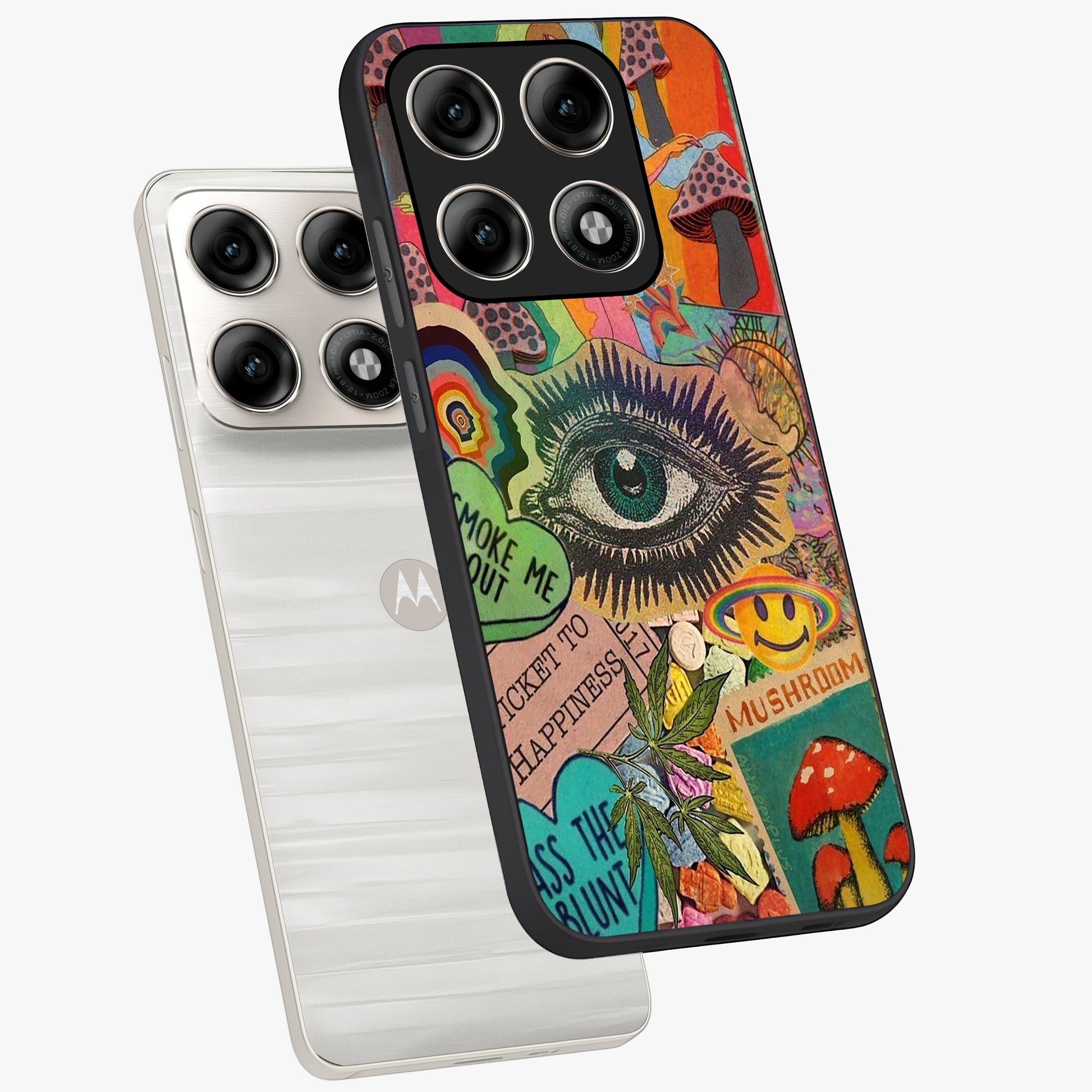 Mystic Eye Wonderland Glass Case displayed in angled mockup highlighting magical eye illustration with dreamy aesthetic.