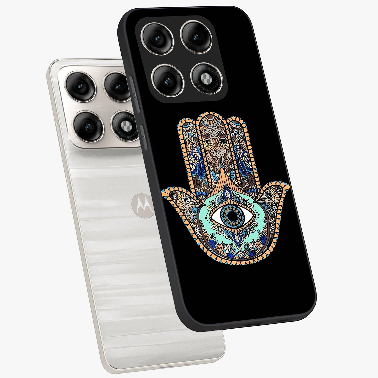 Mystic Hamsa Eye Glass Case displayed in angled mockup highlighting spiritual hamsa symbol with mystical aesthetic style.