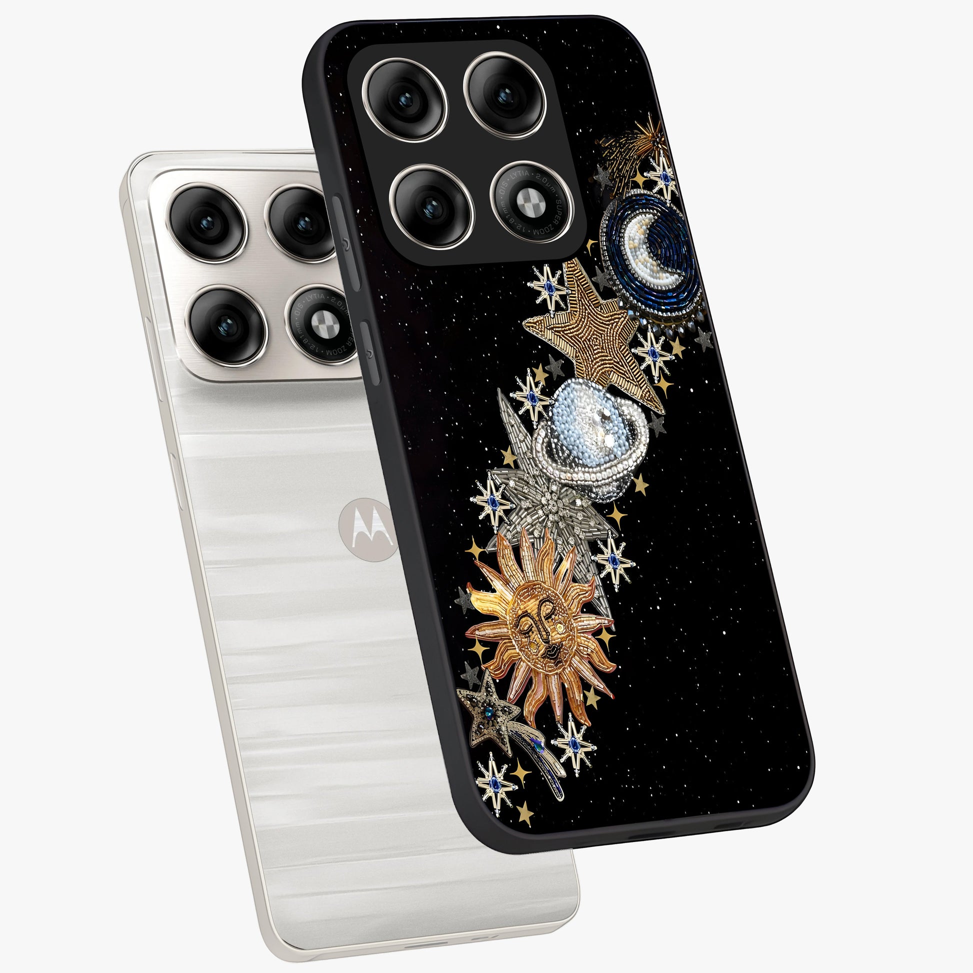 Pearls Universe Object Glass Case displayed in angled mockup highlighting celestial pearl design with dreamy aesthetic.