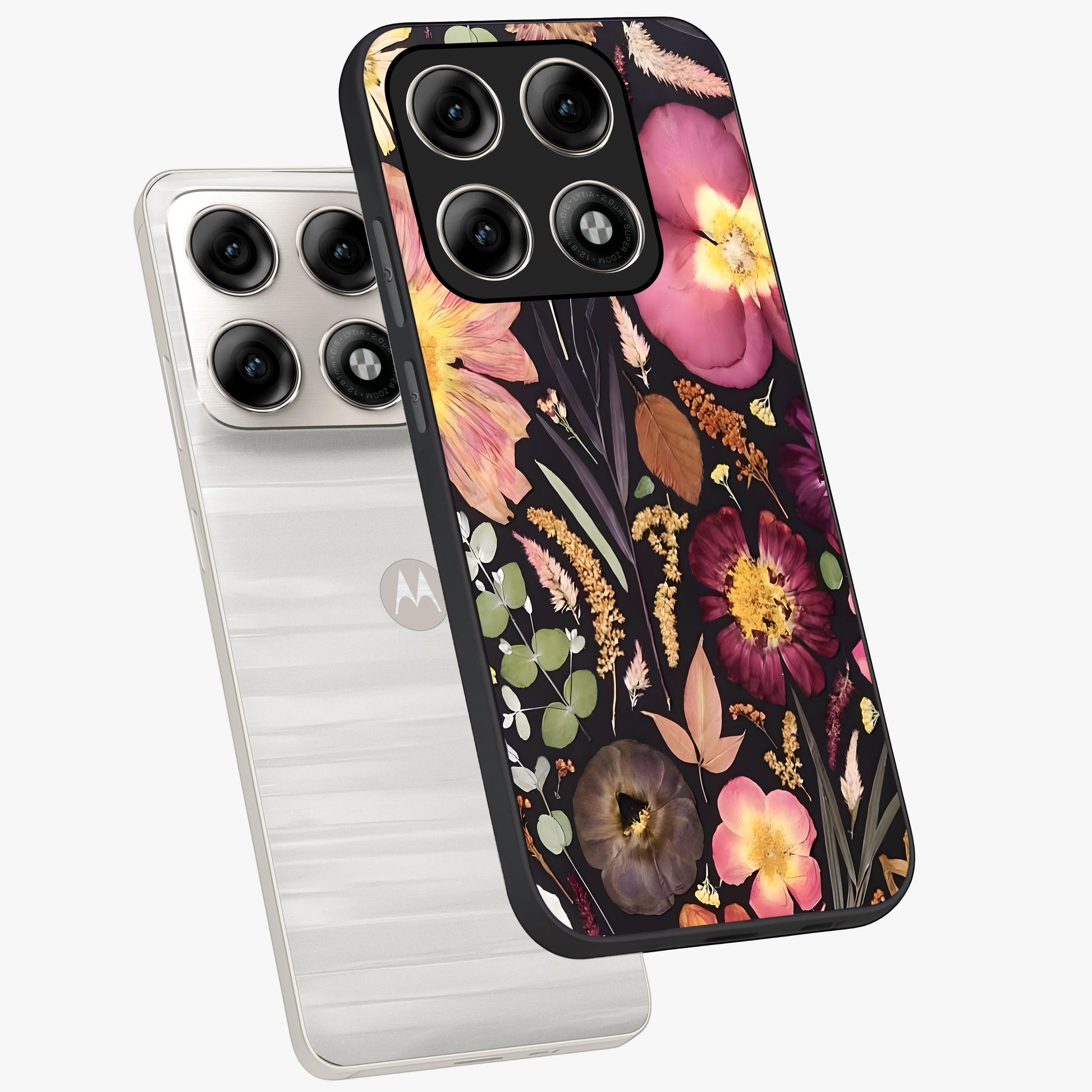 Petal Dream Tapestry Glass Case displayed in angled mockup highlighting decorative petal pattern with elegant botanical aesthetic.