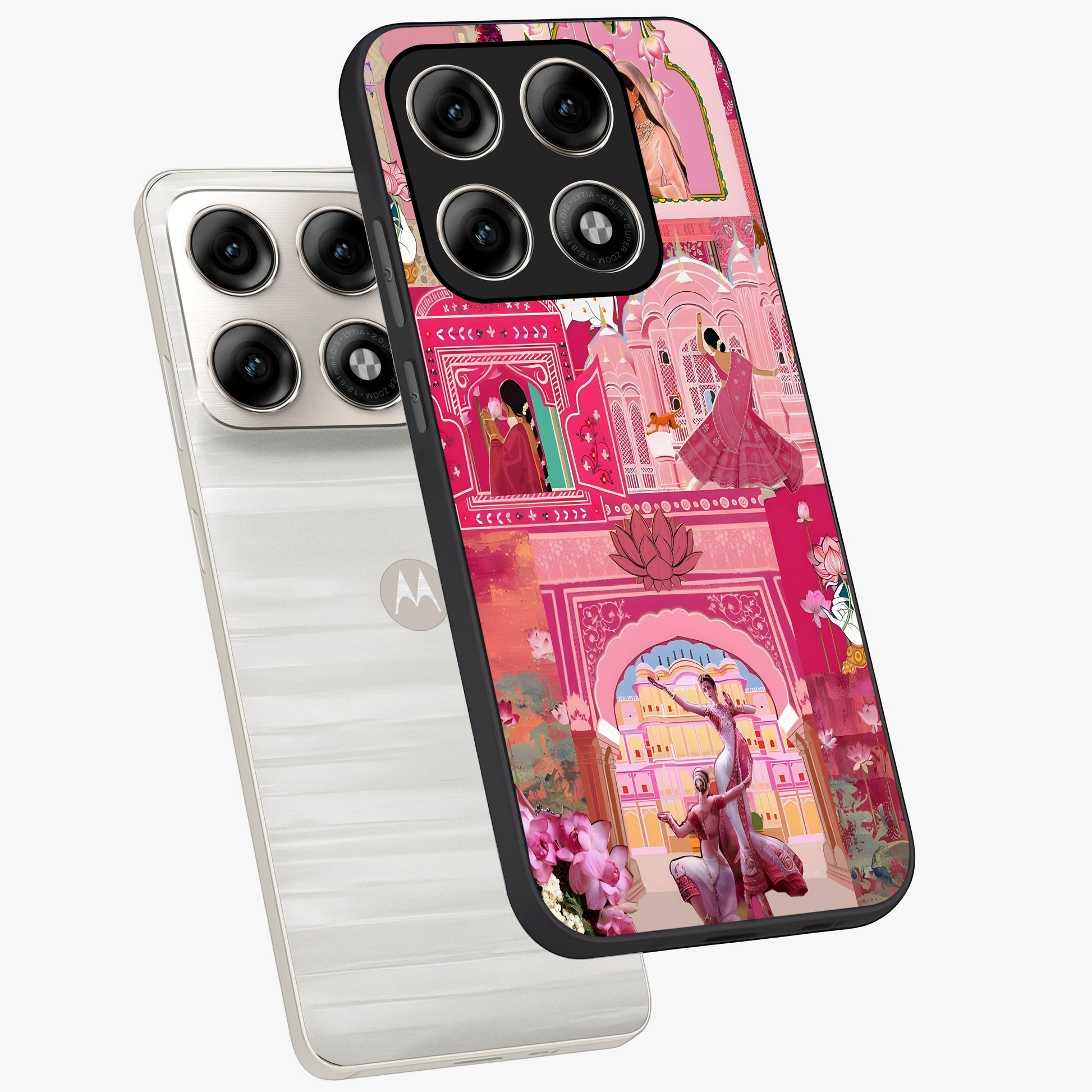 Pink Palace Muse Glass Case displayed in angled mockup highlighting dreamy palace illustration with soft pink aesthetic.