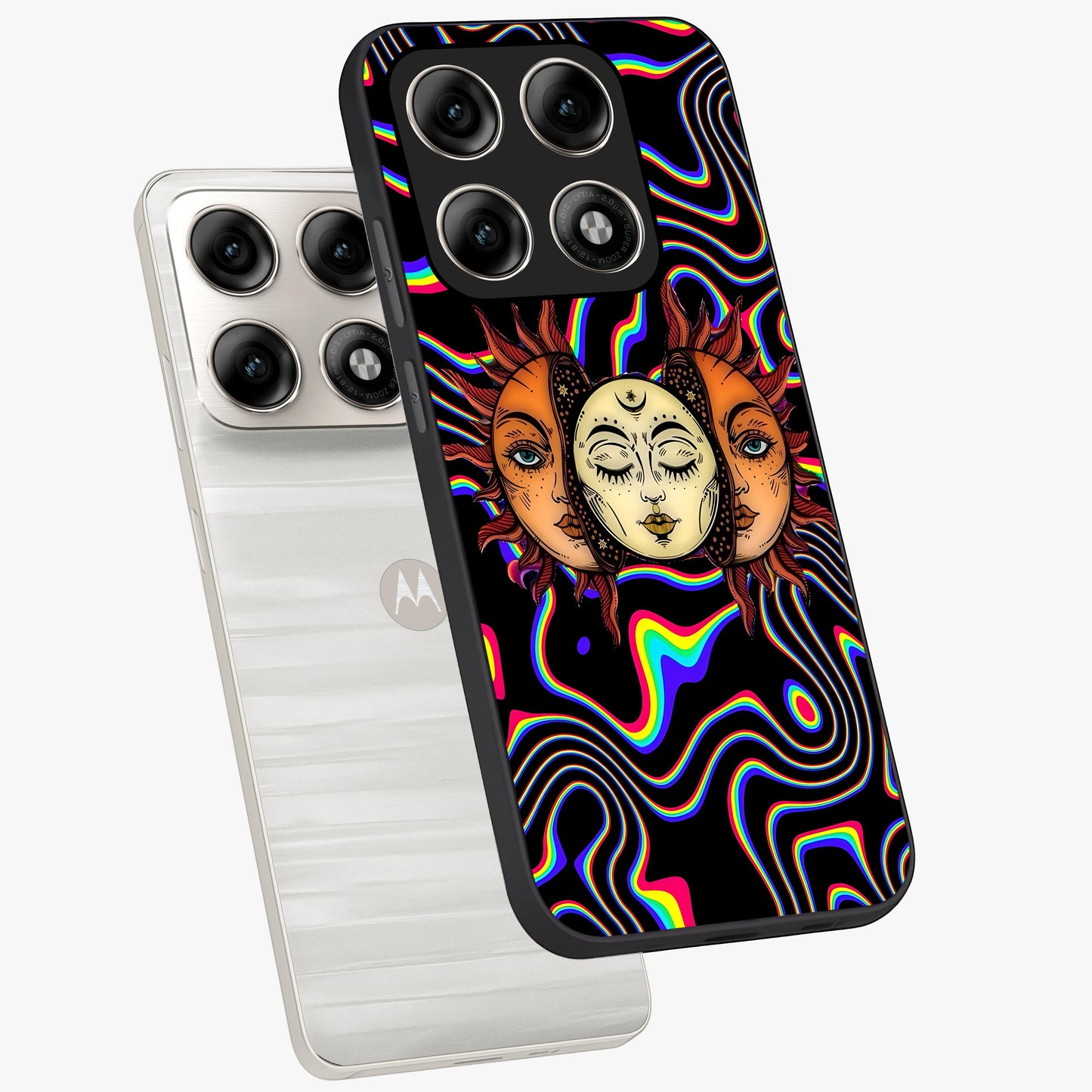 Psychedelic Sun Glass Case displayed in angled mockup highlighting vibrant abstract sun design with artistic aesthetic style.