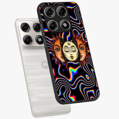 Psychedelic Sun Glass Case displayed in angled mockup highlighting vibrant abstract sun design with artistic aesthetic style.