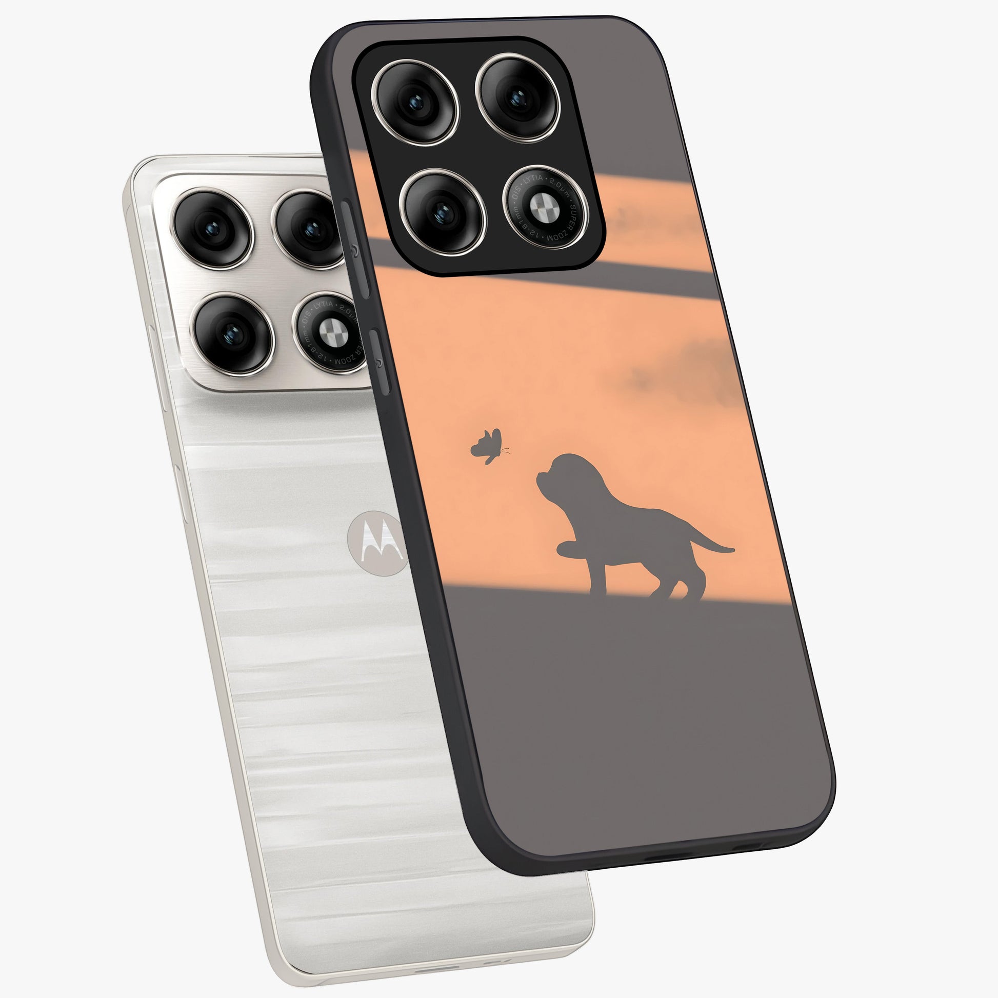 Puppy Shadow Art Glass Case displayed in angled mockup highlighting playful dog illustration with artistic shadow aesthetic.