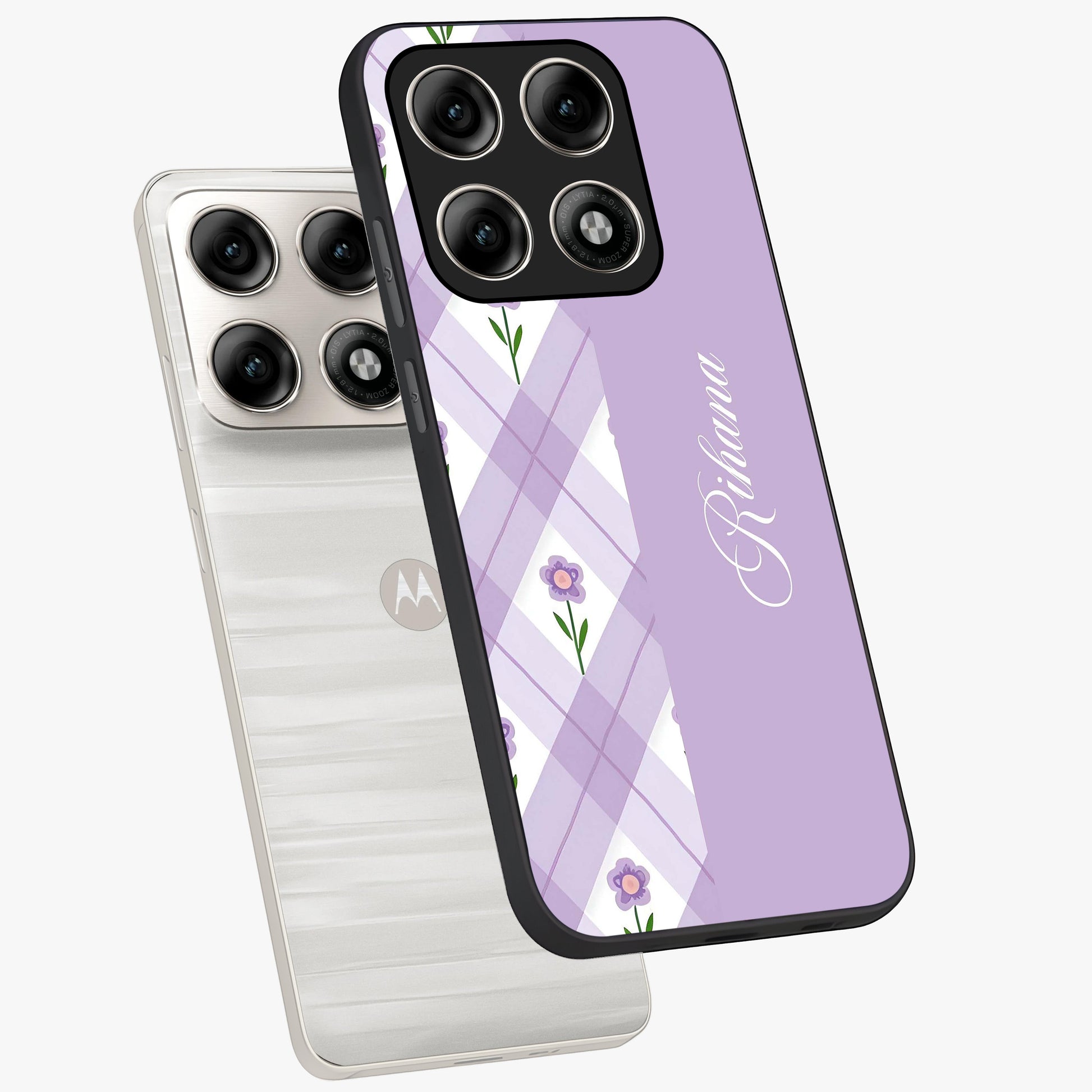 Purple Diamond Floral Glass Case displayed in angled mockup highlighting elegant purple flower design with decorative pattern.
