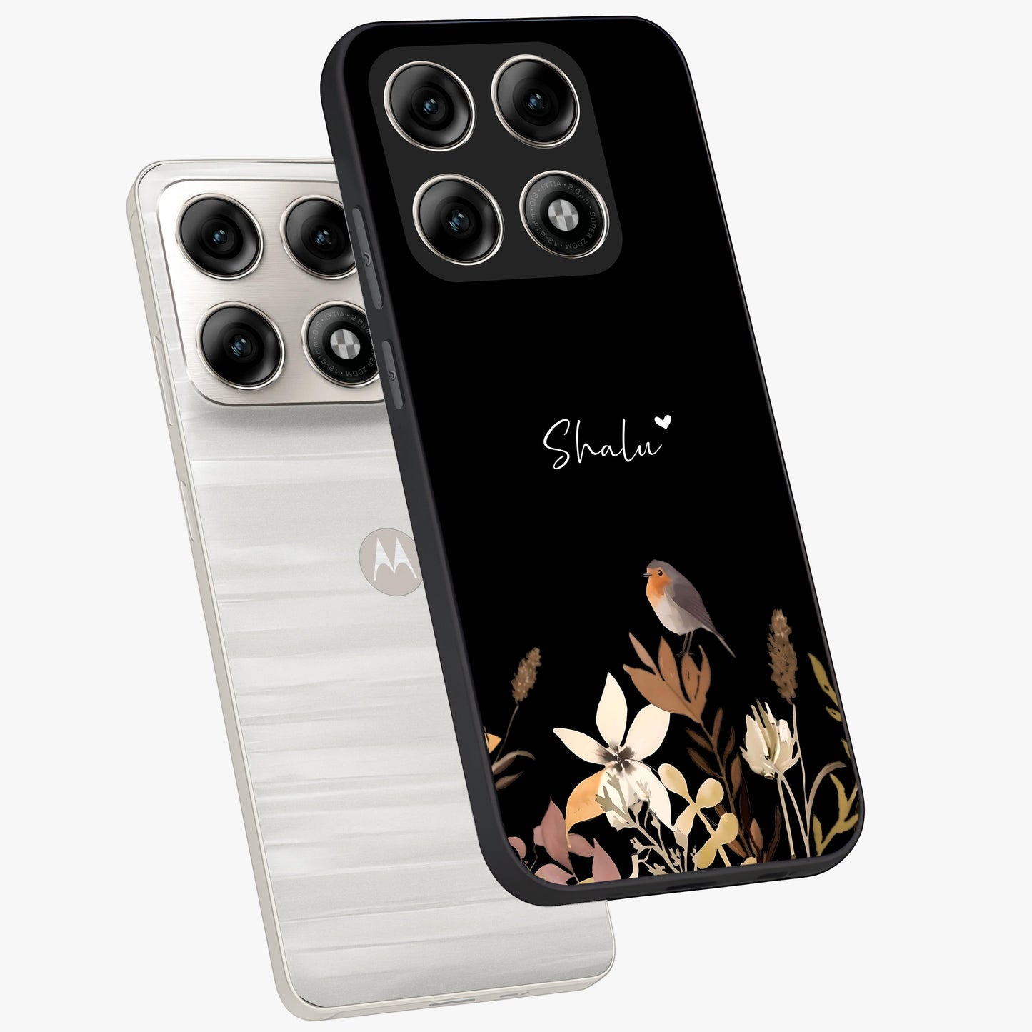 Quiet Garden Tune Custom Name Glass Case displayed in angled mockup highlighting delicate floral garden design with custom name feature.