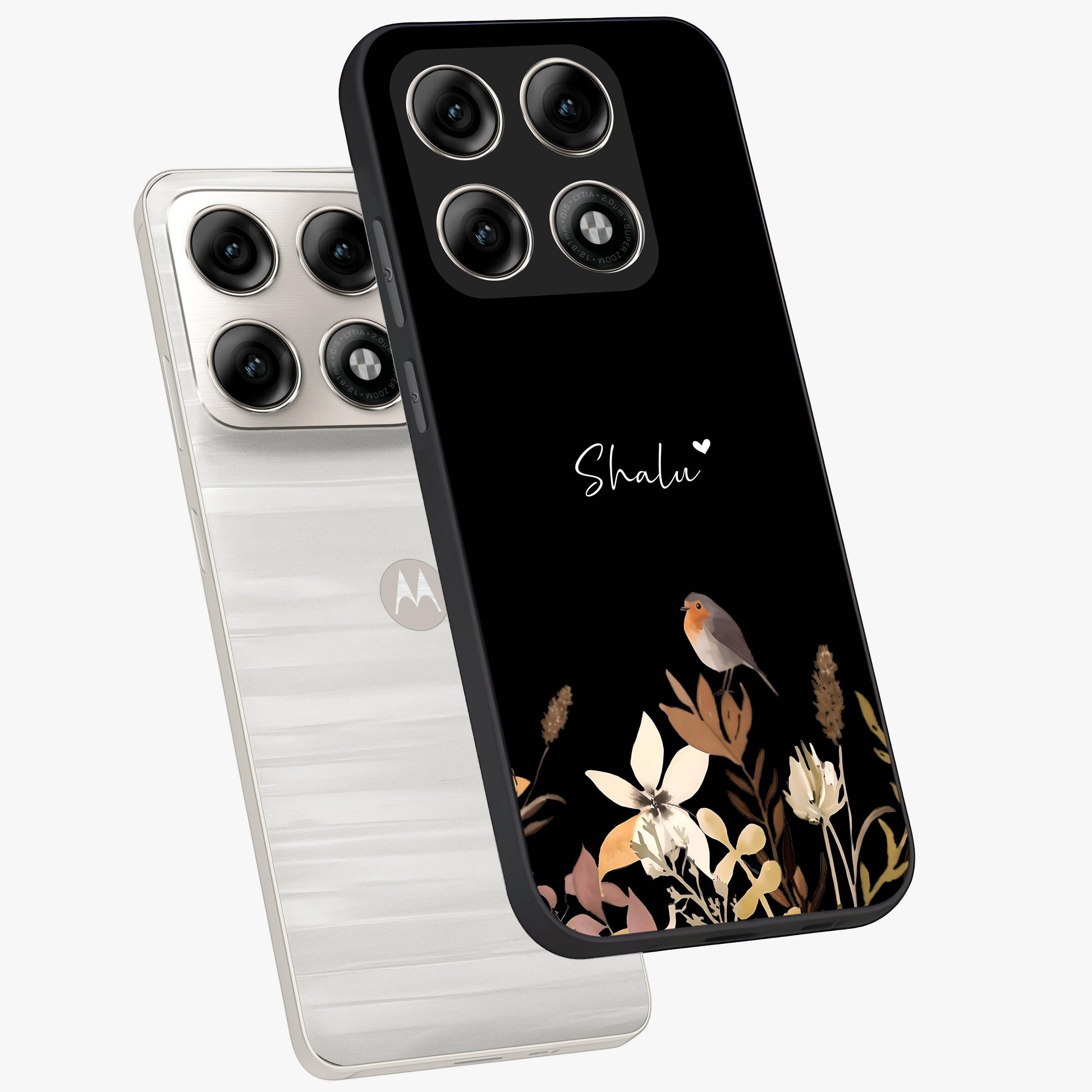 Quiet Garden Tune Custom Name Glass Case displayed in angled mockup highlighting delicate floral garden design with custom name feature.