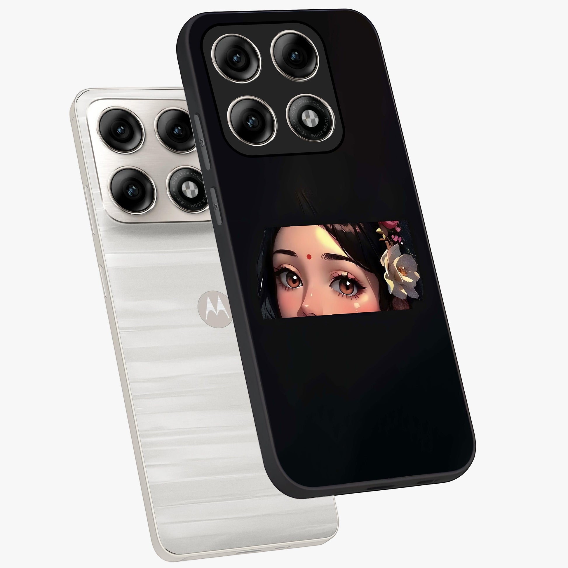 Radha Divine Embrace Glass Case displayed in angled mockup highlighting graceful spiritual illustration with divine aesthetic.