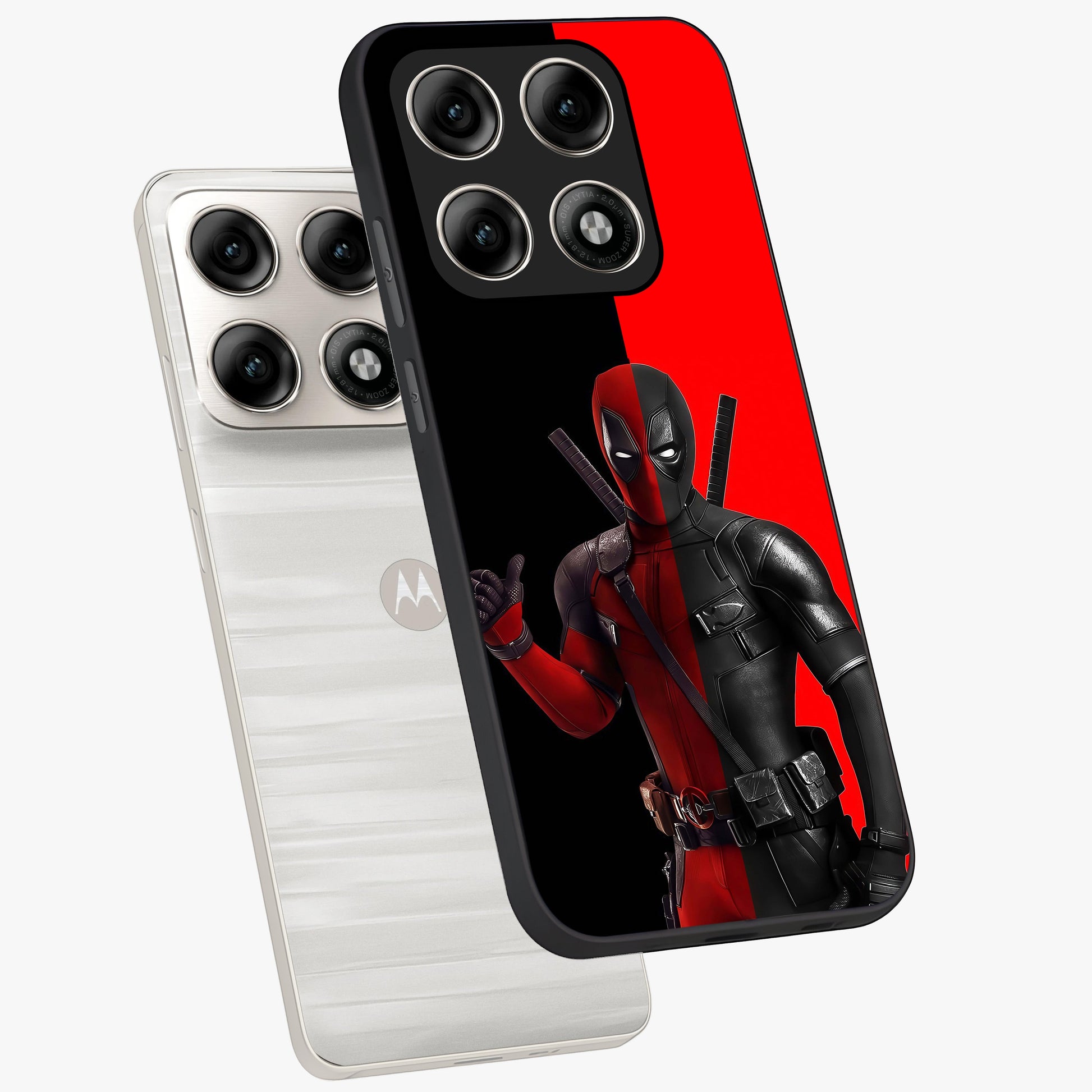 Red & Black Deadpool Theme Glass Case displayed in angled mockup highlighting vibrant superhero style illustration with action aesthetic.
