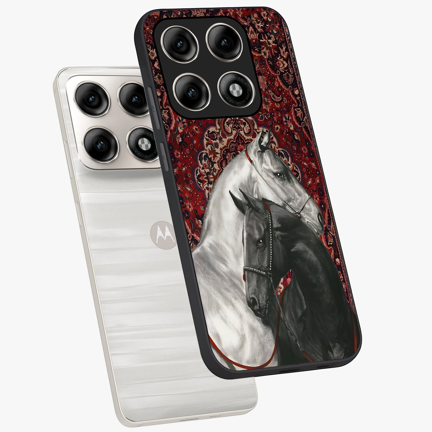 Regal Stallion Tapestry Glass Case displayed in angled mockup highlighting royal stallion design with decorative heritage aesthetic.