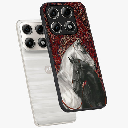 Regal Stallion Tapestry Glass Case displayed in angled mockup highlighting royal stallion design with decorative heritage aesthetic.