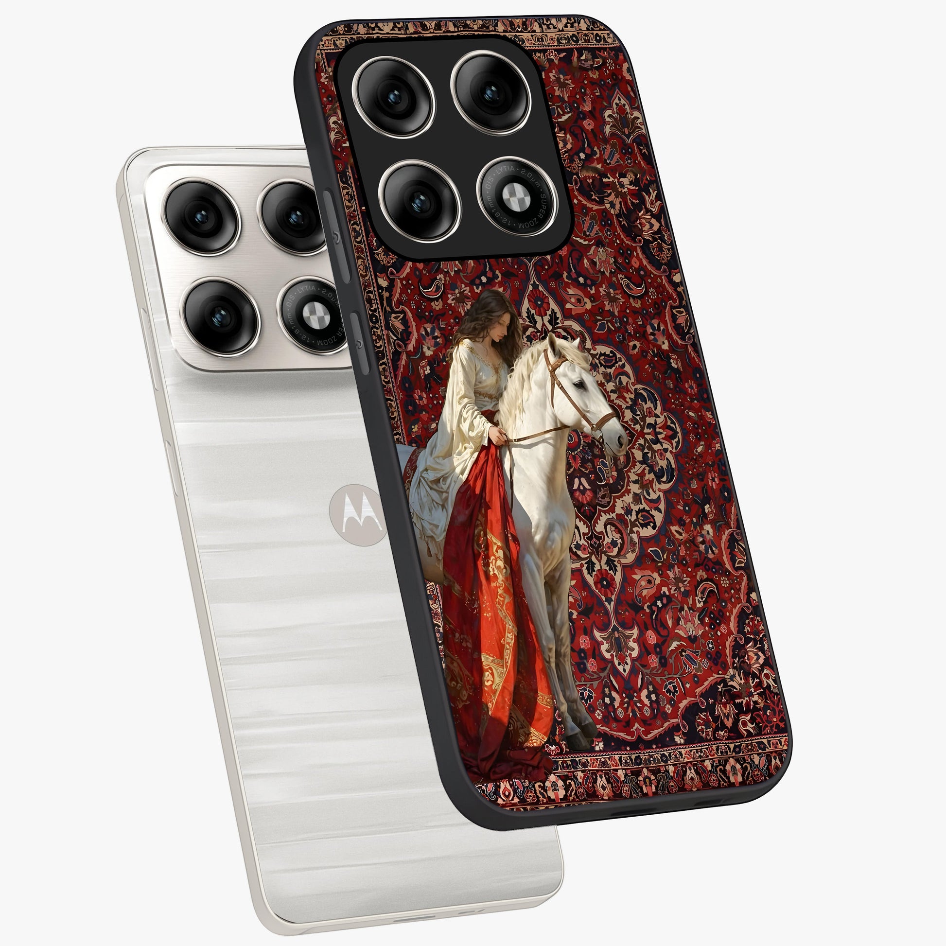 Royal Rider Tapestry Glass Case displayed in angled mockup highlighting traditional tapestry design with royal heritage aesthetic.