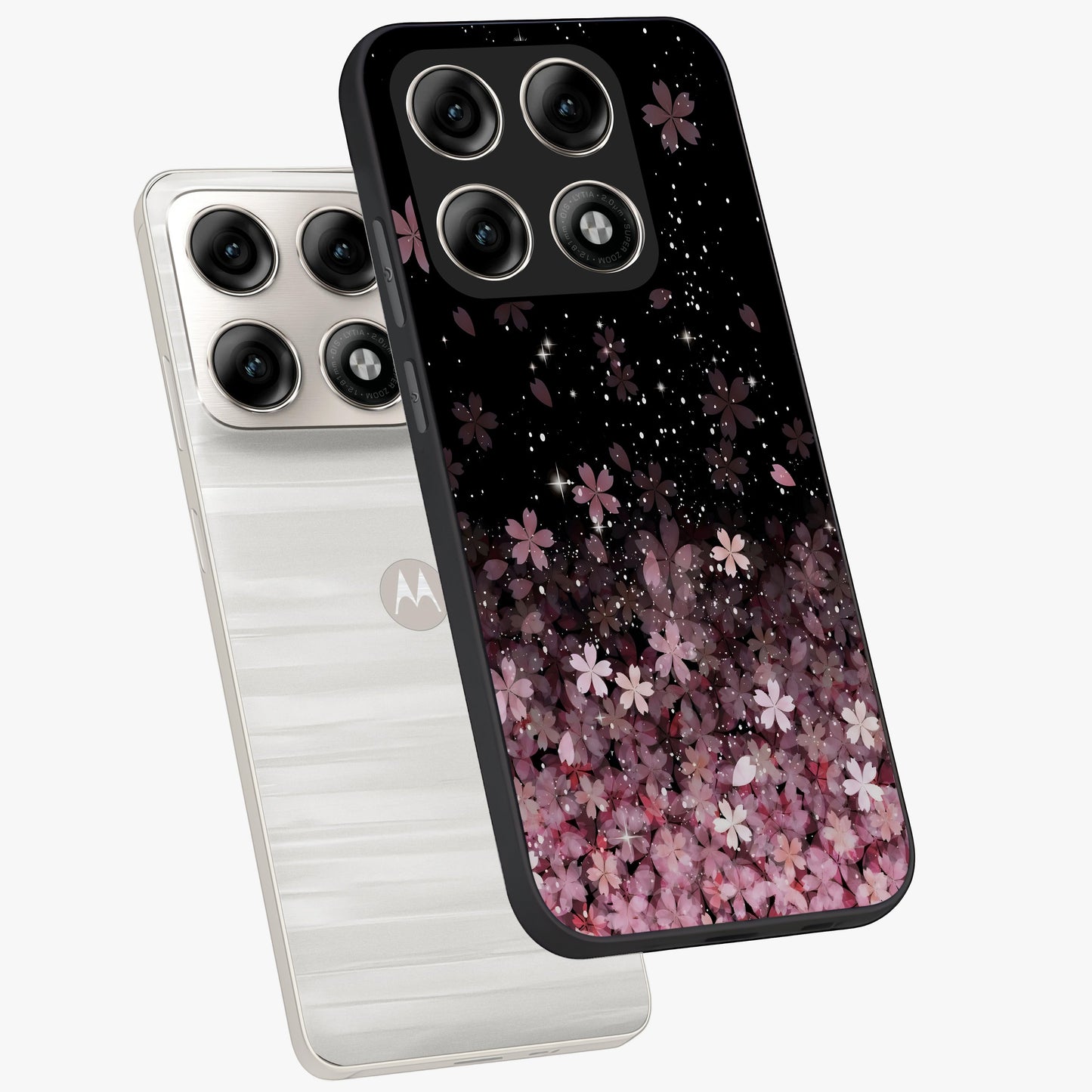 Small Starry Flowers Glass Case displayed in angled mockup highlighting tiny flower pattern with celestial aesthetic style.