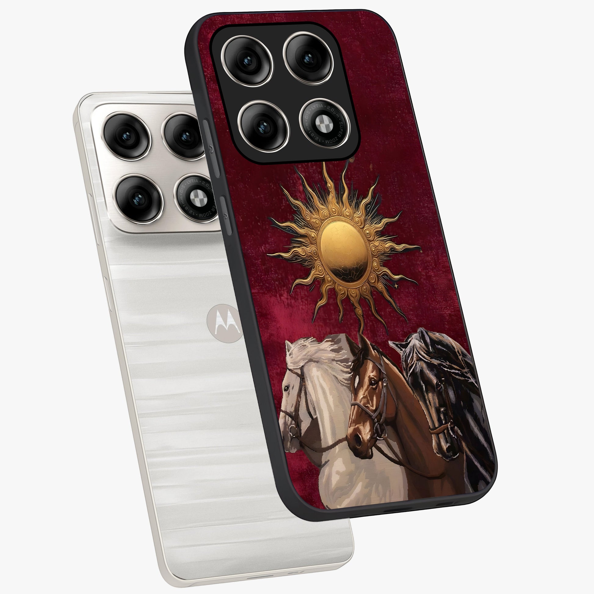 Solar Riders Glass Case displayed in angled mockup highlighting powerful rider illustration with radiant solar aesthetic.