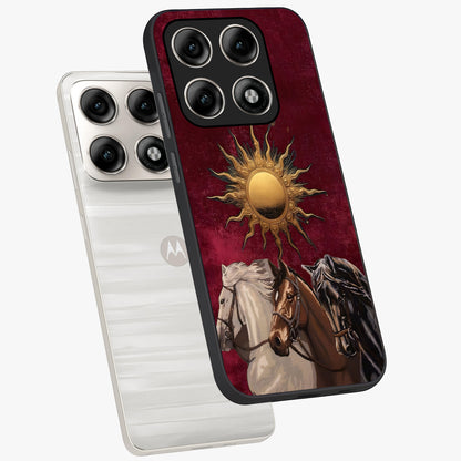 Solar Riders Glass Case displayed in angled mockup highlighting powerful rider illustration with radiant solar aesthetic.