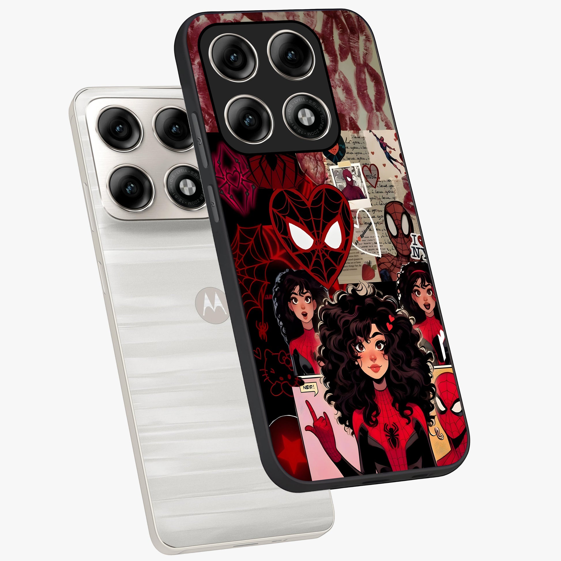 Spider Love Story Glass Case displayed in angled mockup highlighting expressive comic inspired design with playful aesthetic.
