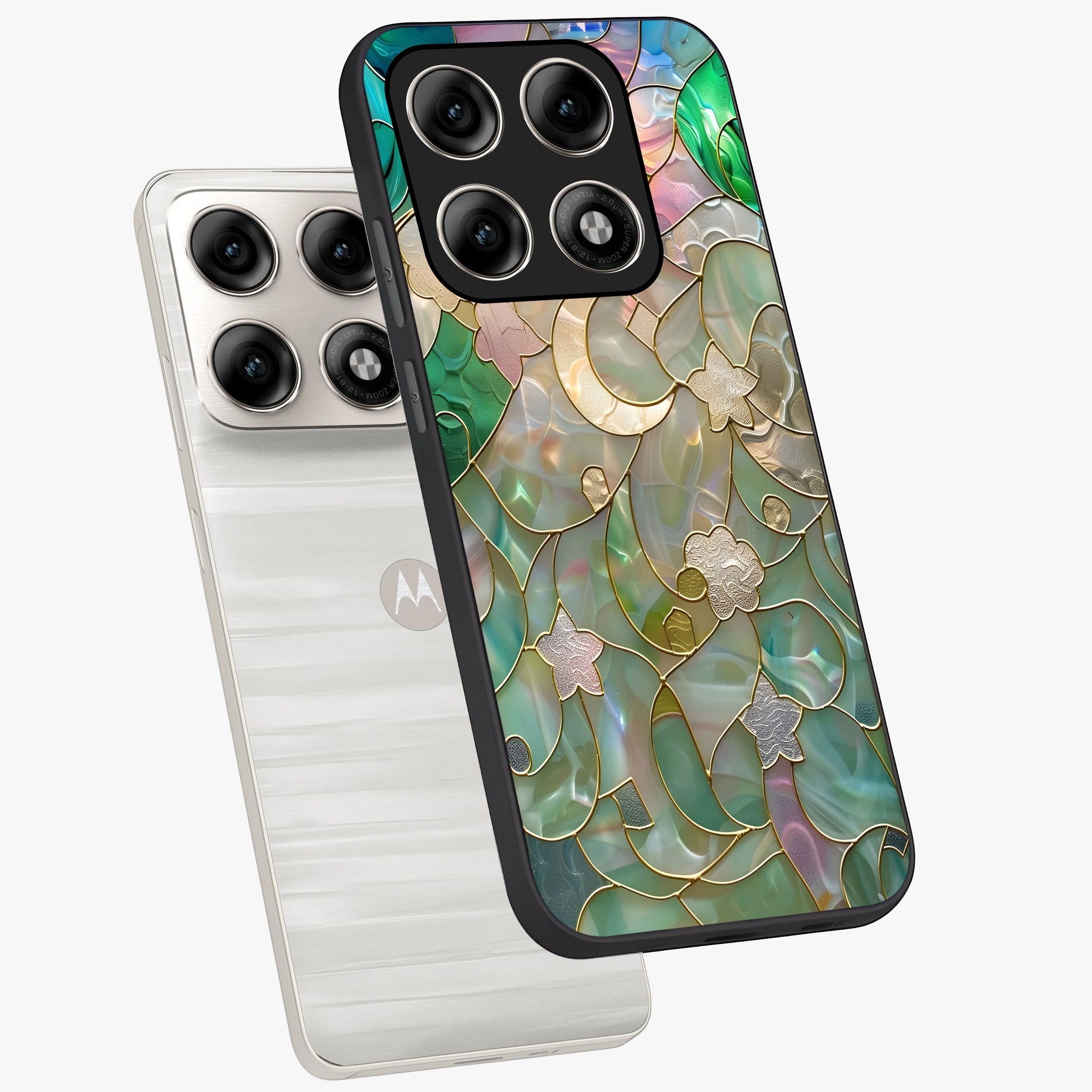 Stained Sunrise Glow Glass Case displayed in angled mockup highlighting radiant sunrise design with artistic aesthetic style.