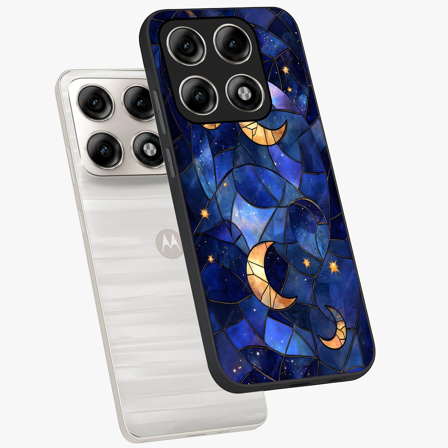 Starlit Sky Tapestry Glass Case displayed in angled mockup highlighting celestial night pattern with artistic aesthetic style.