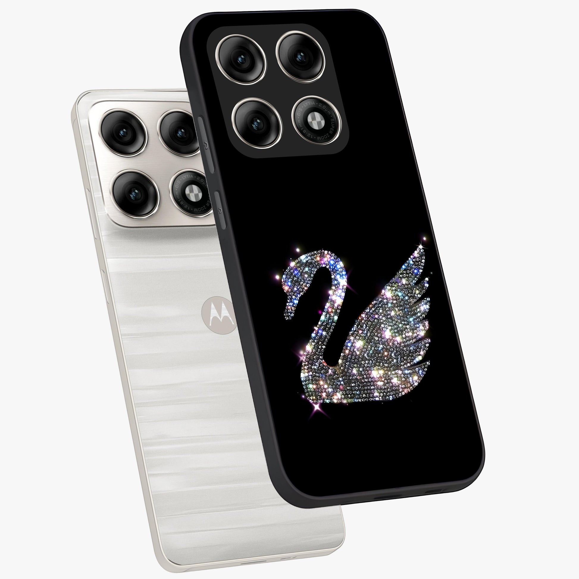 Starlit Swan Grace Glass Case displayed in angled mockup highlighting elegant swan illustration with dreamy celestial aesthetic.