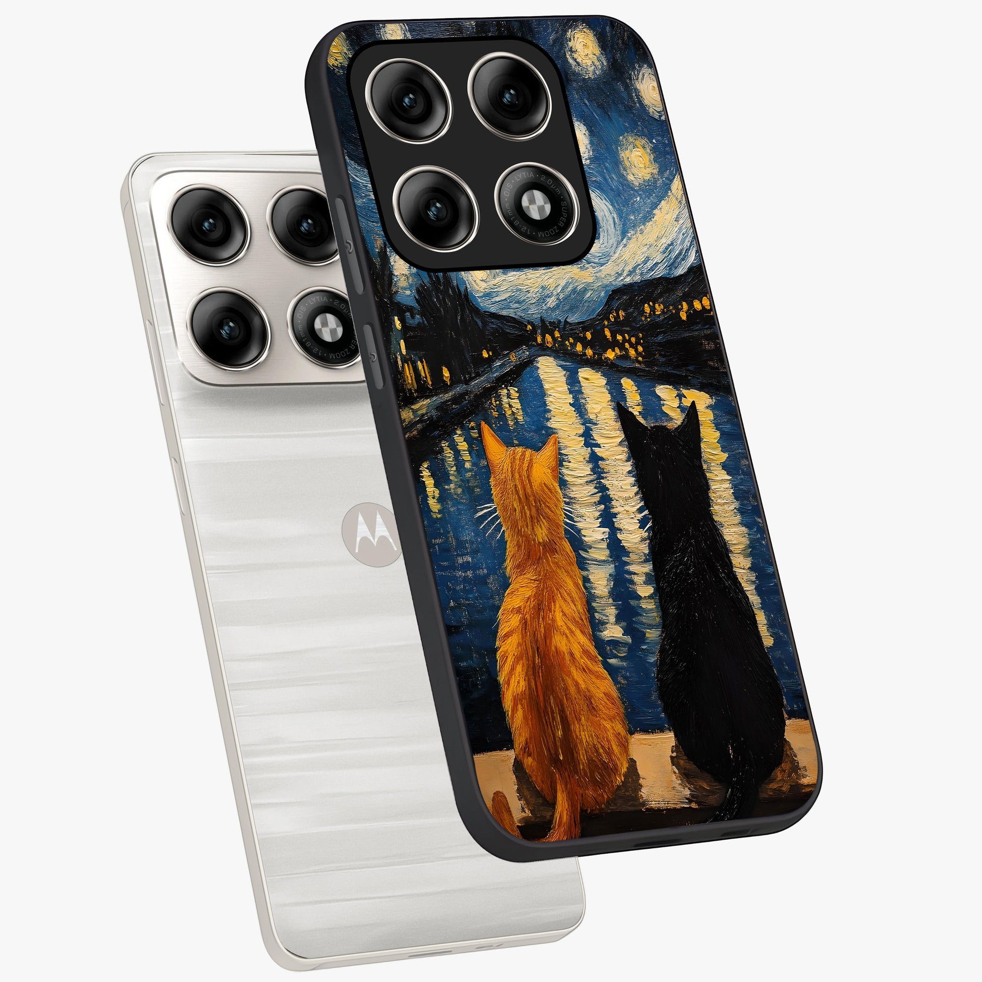 Starry River Cats Glass Case displayed in angled mockup highlighting charming feline illustration with dreamy night aesthetic.
