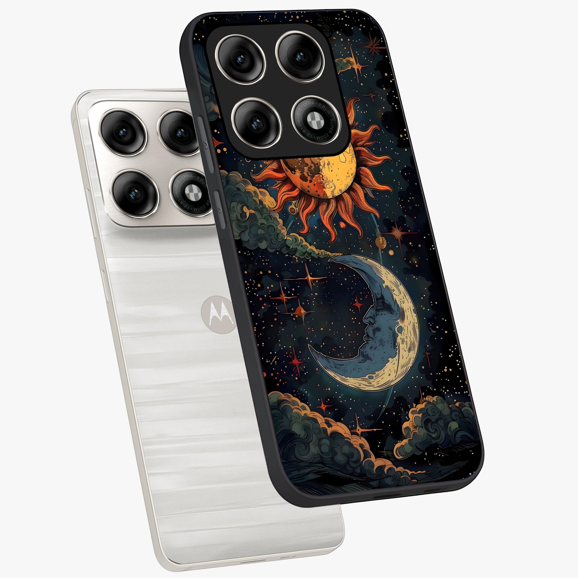 Sun And Moon Magic Design Glass Case displayed in angled mockup highlighting celestial design with magical cosmic aesthetic.