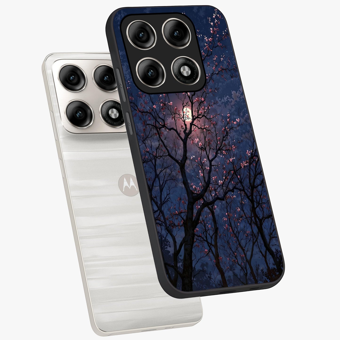 Twilight Sakura Serenade Glass Case displayed in angled mockup highlighting delicate sakura flower design with dreamy aesthetic.