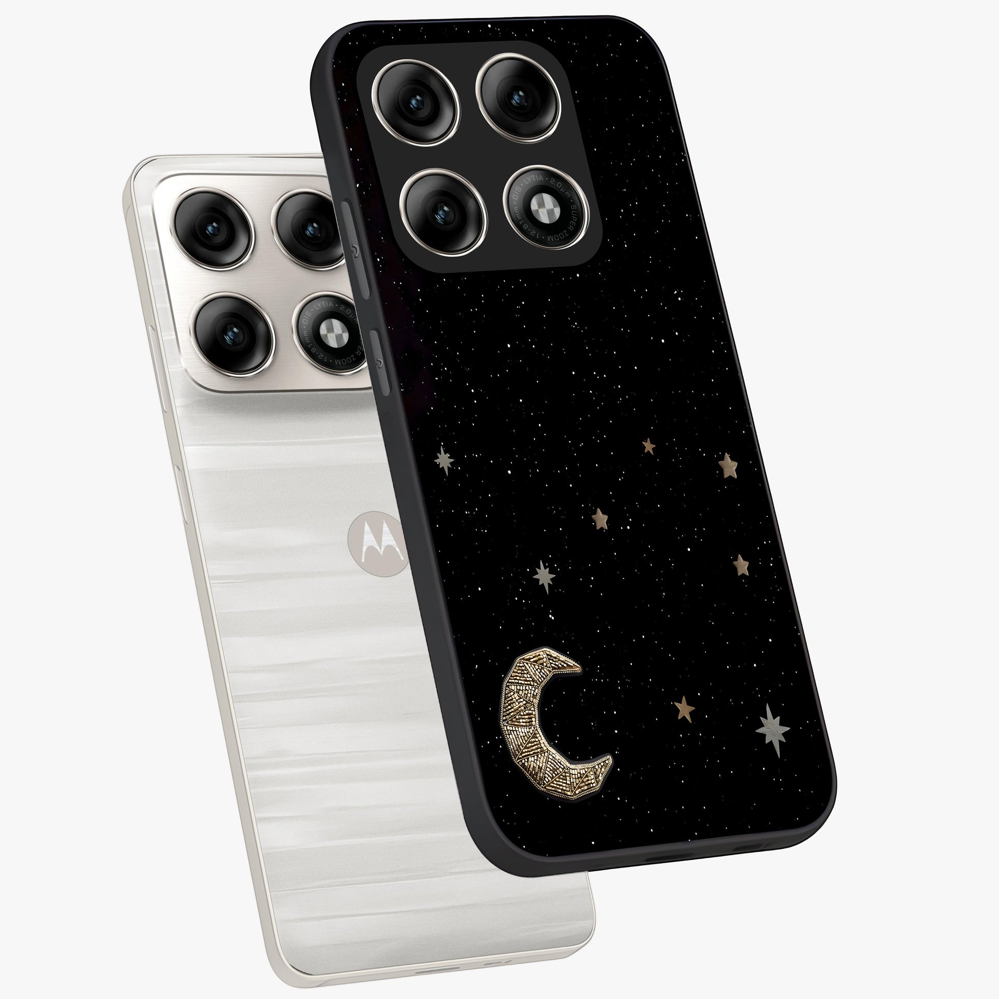 Twinkle Star With Half Moon Glass Case displayed in angled mockup highlighting celestial moon and star design with magical aesthetic.
