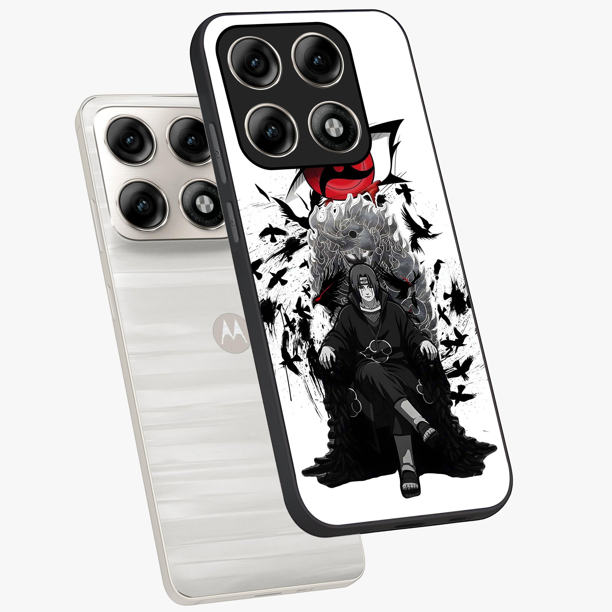 Uchiha Shadow Throne Glass Case displayed in angled mockup highlighting glowing aquatic design with celestial aesthetic.
